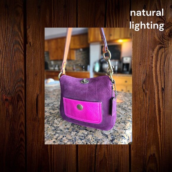 Vintage COACH Y2k Bag in Fuchsia Pink and Purple Nubuck Leather with turnlock - Picture 6 of 9